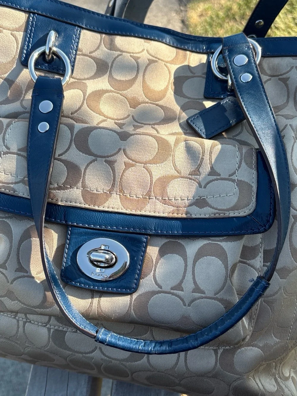 Coach Beige Signature Canvas Shoulder Bag with Navy Trim